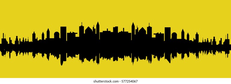 Vector cityscape silhouette over yellow background illustration