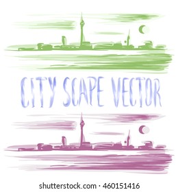 Vector Cityscape sketch colorful panoramic view on a coastal city silhouette and  skyline. This cityscape illustration is drawn in watercolor stile.