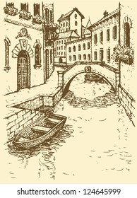 Vector cityscape. Sketch of narrow medieval Venetian street with gondola near steps leading to the channel