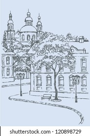 Vector cityscape. Sketch of the street. Bench under a tree and lights along the sidewalk on the background of old houses and the church on the hill