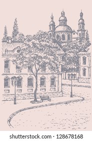 Vector cityscape. Sketch of the street. Bench under a tree and lights along the sidewalk on the background of old houses and the church on the hill
