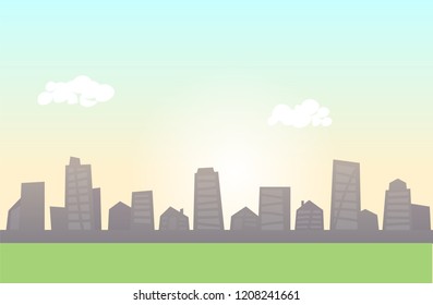 Vector cityscape skyline with green meadow in the foreground. Colorful flat line vector illustration. Horizontal.