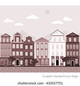 Vector Cityscape Urban illustration. Old european buildings with trees and streetlights. Summer.