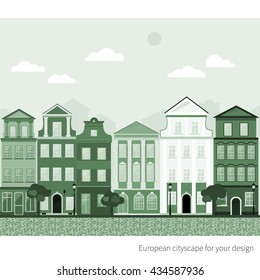 Vector Cityscape Urban illustration. Old european buildings with trees and streetlights. Summer.