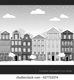 Vector Cityscape Urban illustration. Old European buildings with trees and street lights. Winter.
