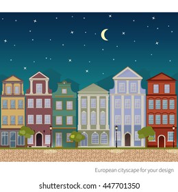 Vector Cityscape Urban illustration. Old european buildings with trees and streetlights. Summer night.