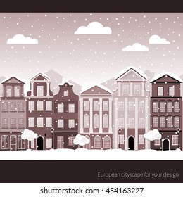 Vector Cityscape Urban illustration. Old european buildings with trees and streetlights. Winter day.