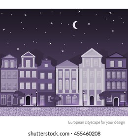 Vector Cityscape Urban illustration. Old european buildings with trees and streetlights. Summer night.