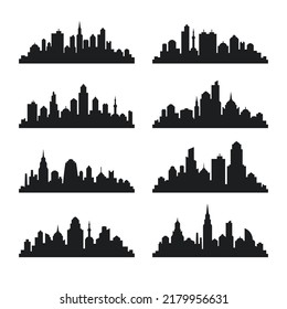 Vector Cityscapes Set. Urban black silhouettes on transparency background. Vector graphics.