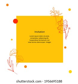 Vector cketch template for invitation with various flowers such as cosmea, lotus and herbs. 