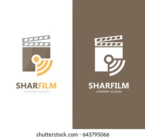 Vector of clapperboard and wifi logo combination. Cinema and signal symbol or icon. Unique video and radio, internet logotype design template.