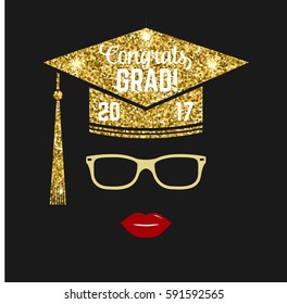 Vector Class of 2017 badge. Concept for shirt, print, seal, overlay or stamp, greeting, invitation card. Typography design- stock vector. Design with graduation cap, glasses, lips and text Class of.