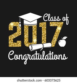 Vector Class of 2017 badge. Concept for shirt, print, seal, overlay or stamp, greeting, invitation card. Design with graduation cap, diploma, apple and text Class of.