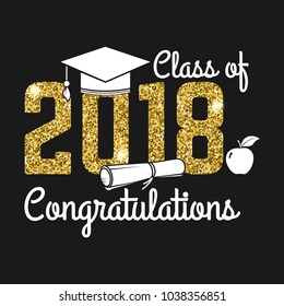 Vector Class of 2018 badge. Concept for shirt, print, seal, overlay or stamp, greeting, invitation card. Design with graduation cap, diploma, apple and text Class of.