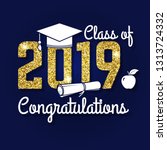 Vector Class of 2019 badge. Concept for shirt, print, seal, overlay or stamp, greeting, invitation card. Design with graduation cap, diploma, apple and text Class of.