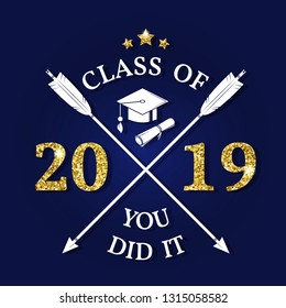 Vector Class of 2019 badge.  Design with graduation cap, and text Class of.