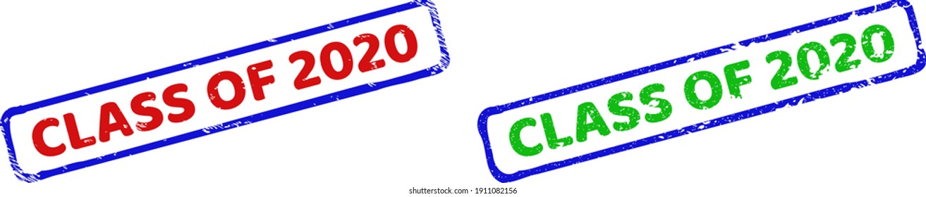 Vector CLASS OF 2020 Framed Watermarks With Scratched Texture. Rough Bicolor Rectangle Watermarks. Red, Blue, Green Colors Used.