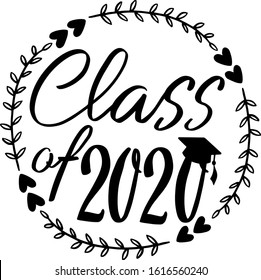 Vector - Class of 2020 with graduation cap and frame with hearts, Hand drawn with frame isolated on white.