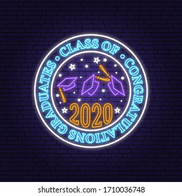 Vector Class of 2020 neon bright signboard, light banner. 
