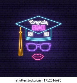 Vector Class of 2020 neon bright signboard, light banner. Vector illustration. Neon typography design with graduation cap and lip. Template for the graduation party poster, flyer, lighting banner