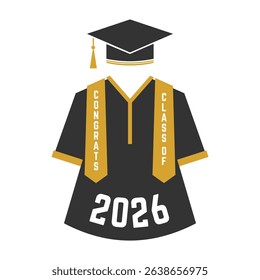 Vector Class of 2026 badge. Concept for shirt, print, seal, overlay or stamp, greeting, invitation card. Typography design- stock vector. Graduation design with graduation Cap and congrats gown