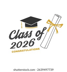 Insignia de la Clase de Vector de 2026. Concepto para la camisa, impresión, sello, superposición o sello, saludo, tarjeta de invitación. Diseño de tipografía - Vector de stock. Diseño de graduación con gorra de graduación y diploma