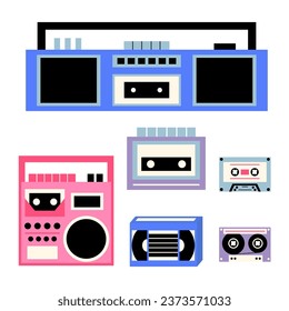 Vector classic 80s and 90s music gadgets set. Flat style retro elements 90s and 80s. Vecftor boombox, tape recorder, record player, audio cassette, vhs cassette