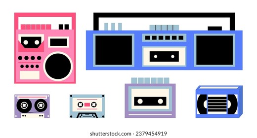 Vector classic 80s and 90s music gadgets set. Flat style retro elements 90s and 80s. Vecftor boombox, tape recorder, record player, audio cassette, vhs cassette