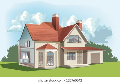 Vector classic American house with a transparent side wall