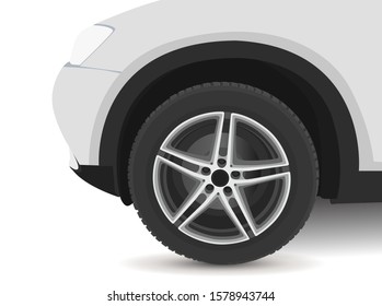 Vector classic automobile image. Realistic car wheel. Vehicle maintenance part. Auto service concept. Editable graphic image in monochrome colors isolated on a white background