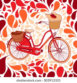 Vector classic bike with basket, hat and abstract seamless pattern with drops