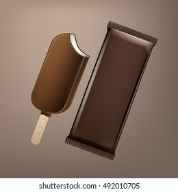 Vector Classic Bitten Popsicle Choc-ice Lollipop Ice Cream in Chocolate Glaze Stick with Brown Plastic Foil Wrapper for Branding Package Design Close up Isolated on Background