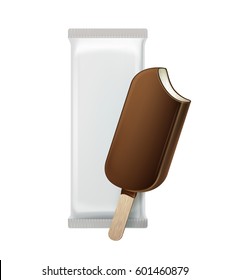 Vector Classic Bitten Popsicle Choc-ice Lollipop Ice Cream in Chocolate Glaze on Stick with White Plastic Foil Wrapper for Branding Package Design Close up Isolated on Background