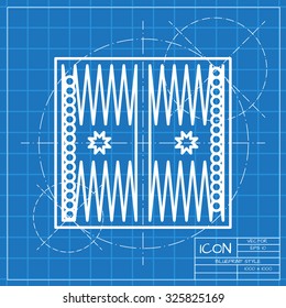 Vector classic blueprint of backgammon table with dices icon on engineer and architect background 