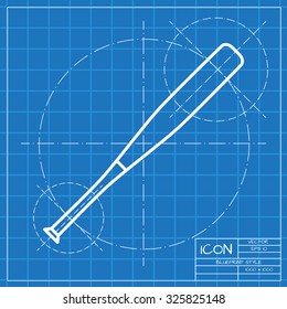 Vector classic blueprint of baseball bat icon on engineer and architect background 