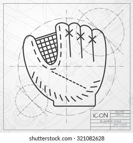 Vector classic blueprint of baseball glove icon on engineer and architect background 