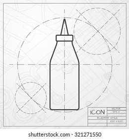 Vector classic blueprint of bottle with ketchup icon on engineer and architect background 