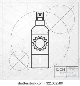 Vector classic blueprint of bottle with solar protection on engineer and architect background 