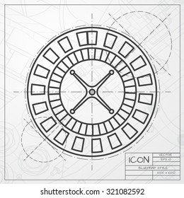 Vector classic blueprint of casino roulette wheel icon on engineer and architect background 