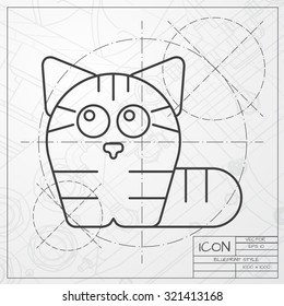 Vector classic blueprint of cat icon on engineer and architect background 