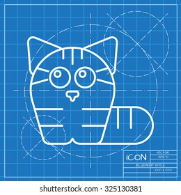 Vector classic blueprint of cat icon on engineer and architect background 