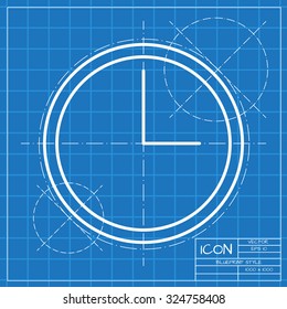 Vector classic blueprint of clock icon on engineer and architect background 