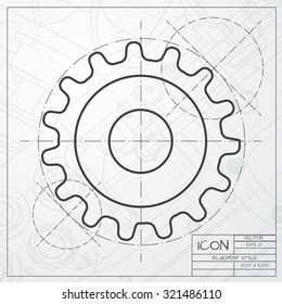 Vector classic blueprint of cogwheel icon on engineer and architect background 