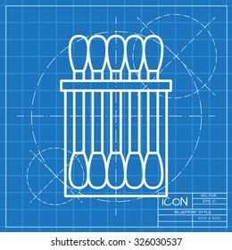 Vector classic blueprint of cotton swabs icon on engineer and architect background 