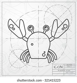 Vector classic blueprint of crab icon on engineer and architect background 