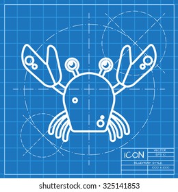 Vector classic blueprint of crab icon on engineer and architect background 