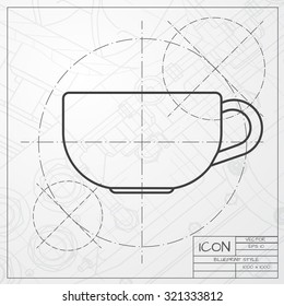 Vector classic blueprint of cup for tea or coffee icon on engineer and architect background 
