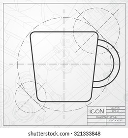 Vector classic blueprint of cup for tea or coffee icon on engineer and architect background 