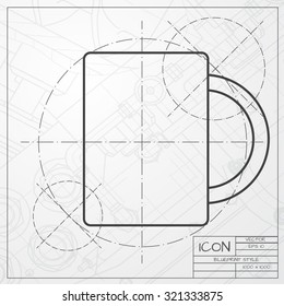 Vector classic blueprint of cup for tea or coffee icon on engineer and architect background 