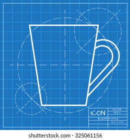Vector classic blueprint of cup for tea or coffee icon on engineer and architect background 